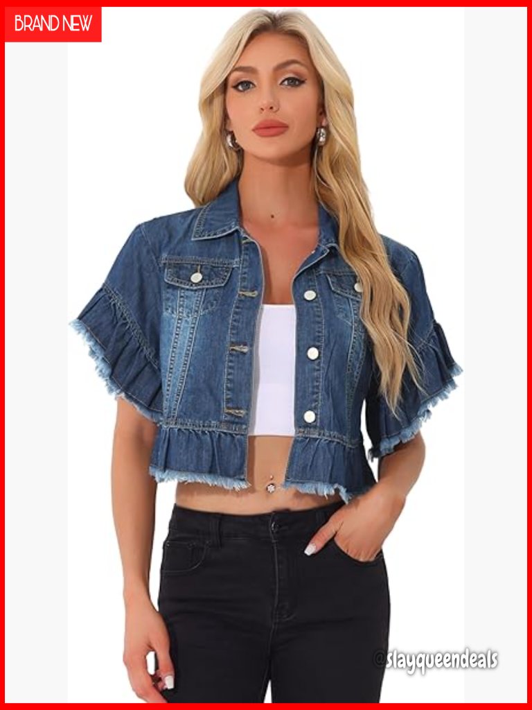 Ruffled Short Sleeve Denim Jacket Peplum Hem Button Down